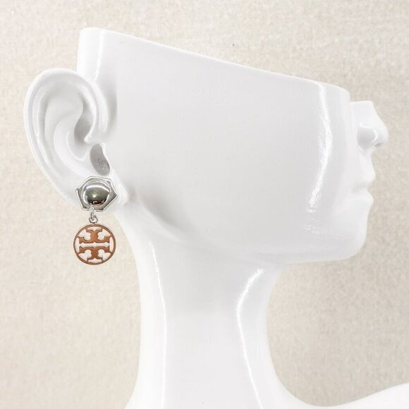 Tory Burch Hexagon Circle Logo Drop Earrings Silver OS - Picture 6 of 12